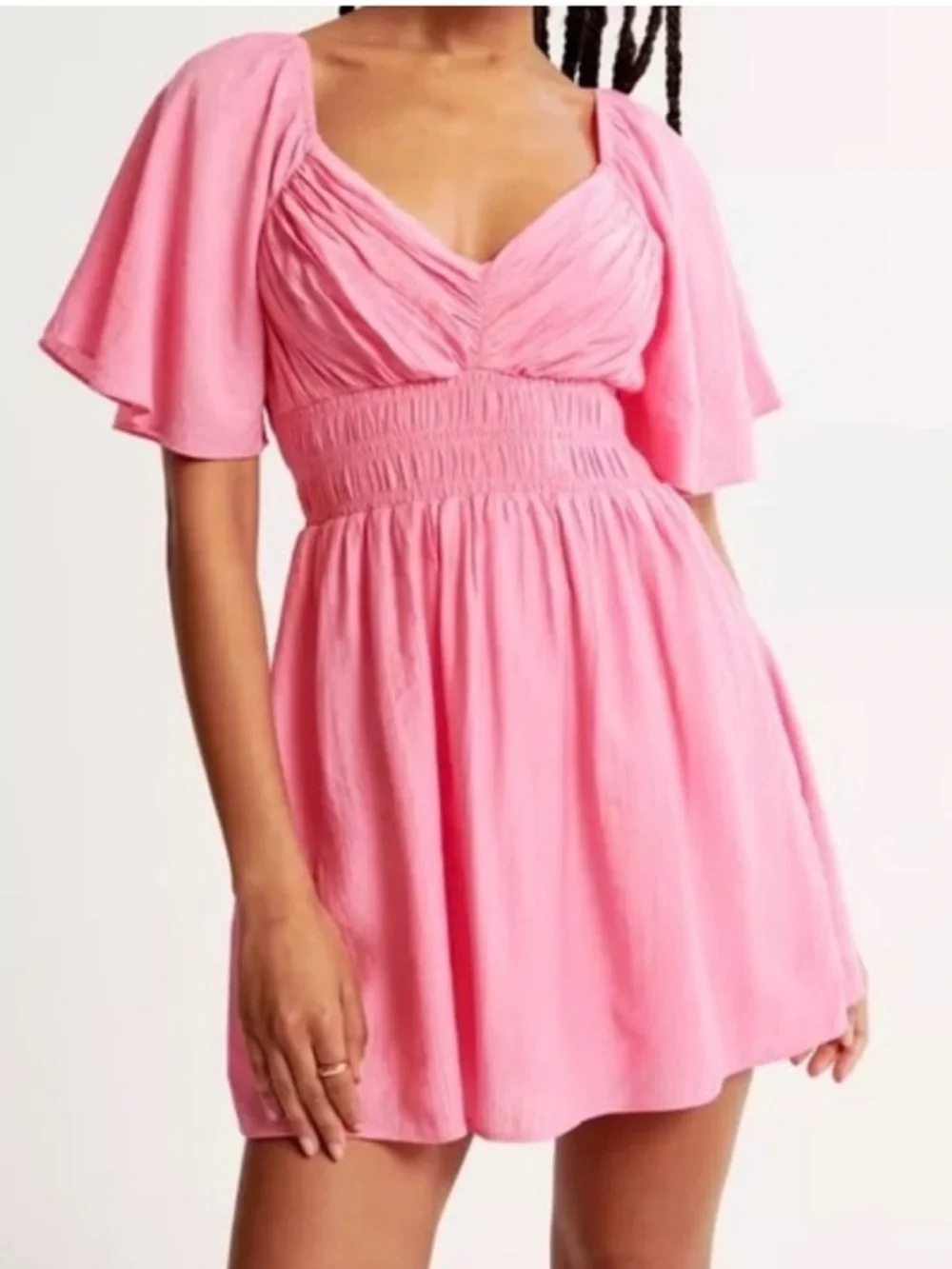 Abercrombie and Fitch Angel Sleeve Smocked Waist Mini Dress Pink Pockets Medium